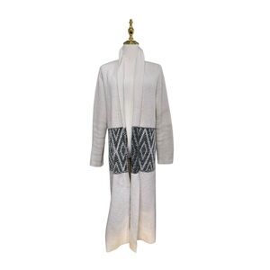 Bobeau Longline Open Front Cardigan Cream Geometric Knit Size M